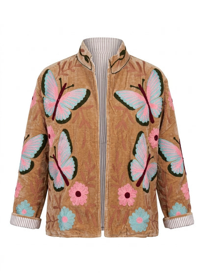 The Parwana Bostan — Suzani Hand-Embroidered Velvet Jacket — Camel Gold with Pink, Turquoise & Maroon Butterflies