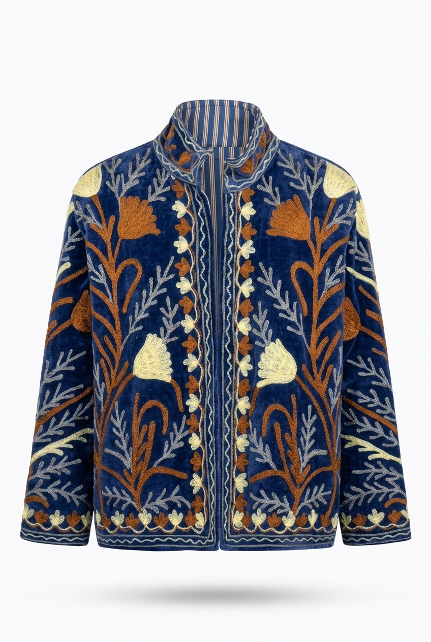 The Midnight Meadow — Suzani Hand-Embroidered Velvet Jacket — Indigo Blue with Ivory & Rust Florals