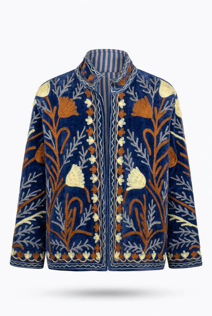 The Midnight Meadow — Suzani Hand-Embroidered Velvet Jacket — Indigo Blue with Ivory & Rust Florals