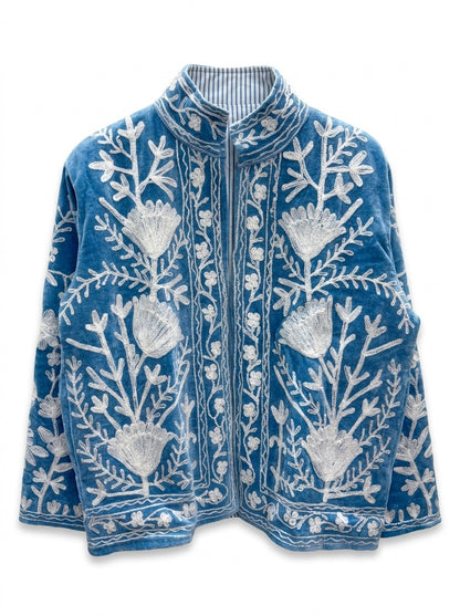 The Snowvine Thicket — Suzani Hand-Embroidered Velvet Jacket — Denim Blue with Ivory Floral Vinework