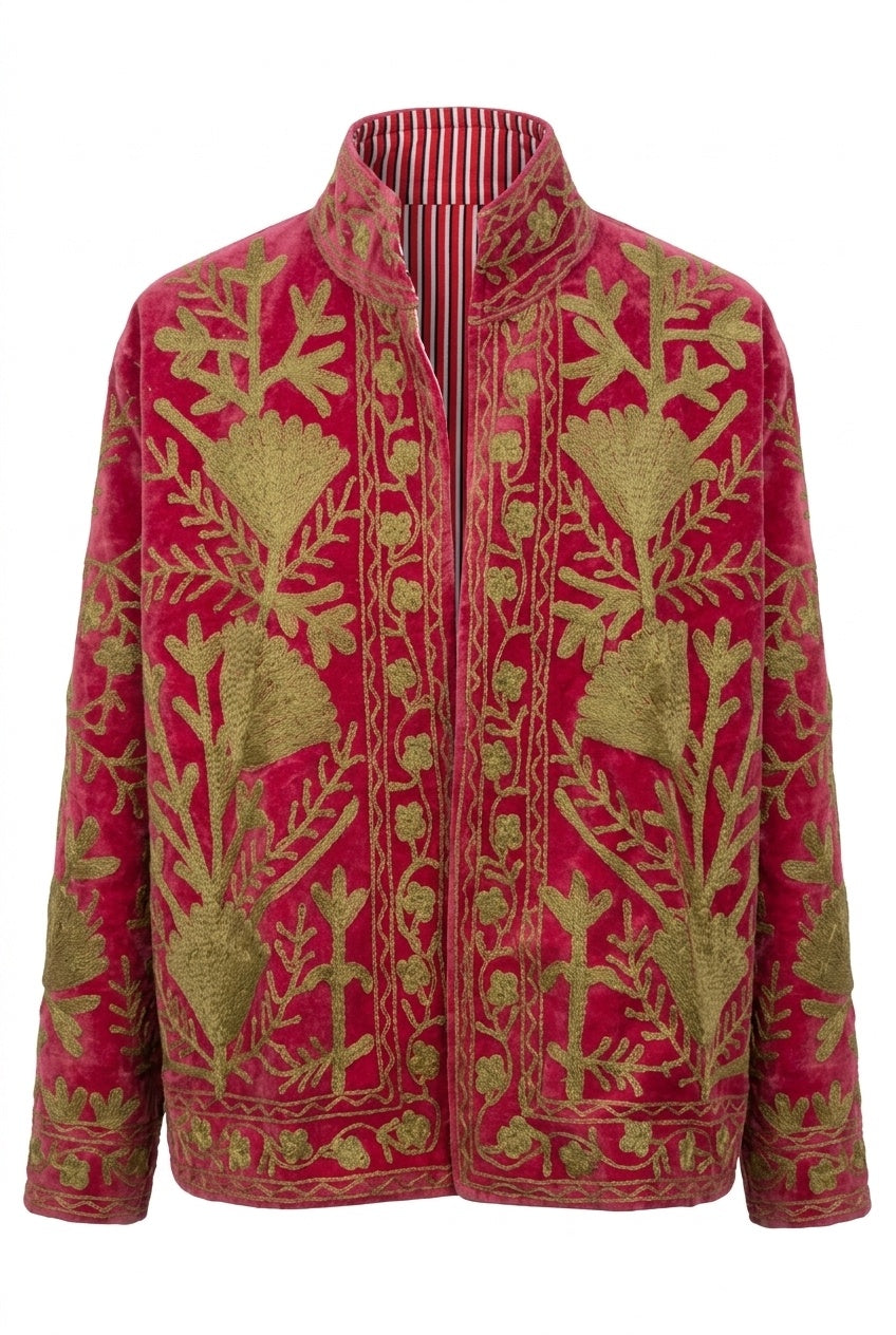 The Anarkali Vine — Suzani Hand-Embroidered Velvet Jacket — Rani Pink with Olive Gold Pomegranates