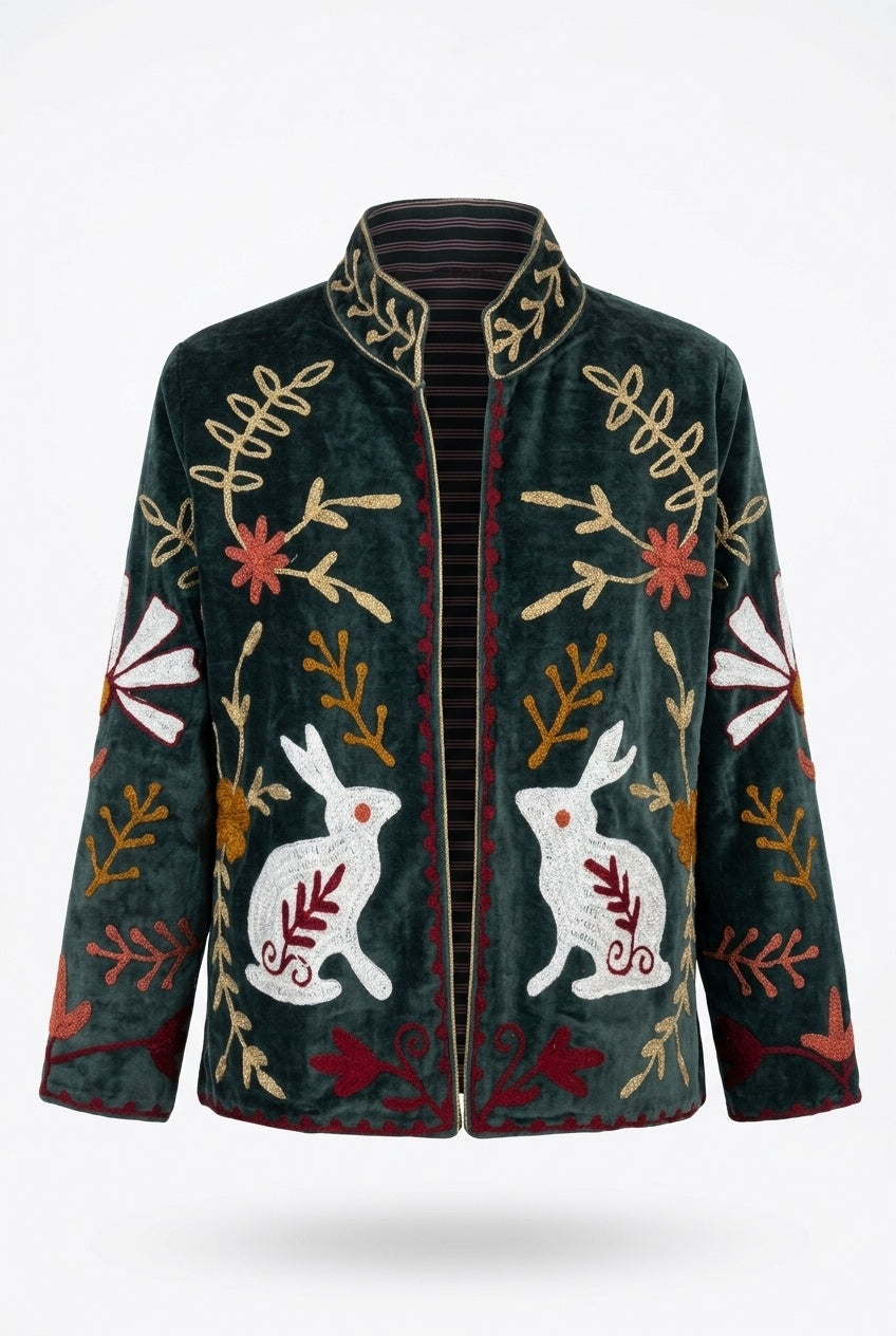 The Moonlit Hare — Suzani Embroidered Velvet Jacket — Forest Green