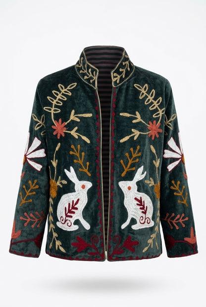 The Moonlit Hare — Suzani Embroidered Velvet Jacket — Forest Green