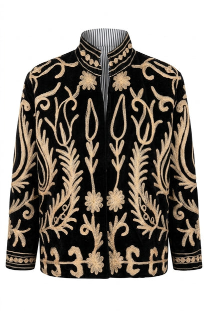 The Lalezar — Suzani-Embroidered Velvet Jacket — Black with Ivory Tulip Vine Embroidery
