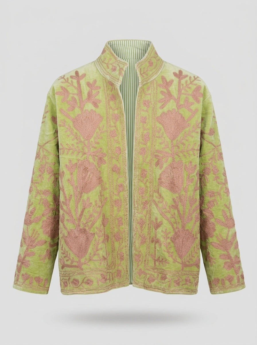 The Pista Bostan — Suzani Hand-Embroidered Velvet Jacket — Pistachio Green with Dusty Rose Florals