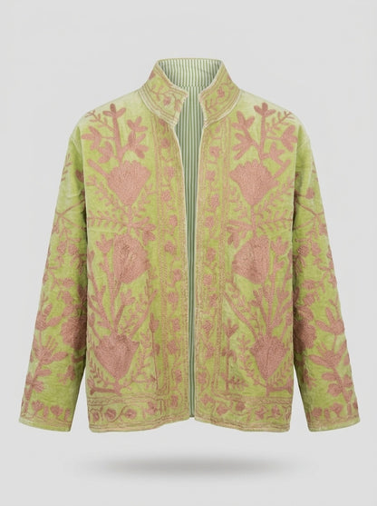The Pista Bostan — Suzani Hand-Embroidered Velvet Jacket — Pistachio Green with Dusty Rose Florals