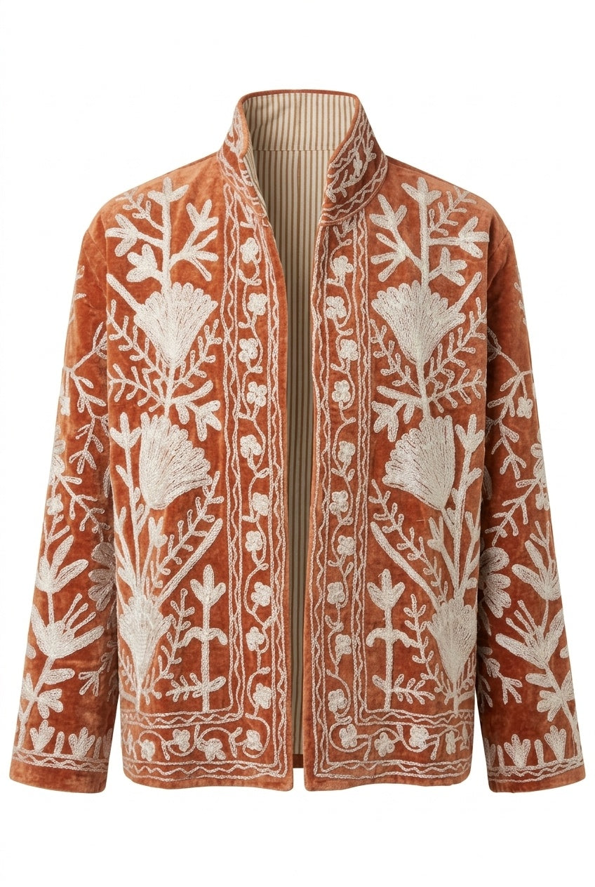 The Rustan Tulip — Suzani Hand-Embroidered Velvet Jacket — Rust Brown with Ivory Floral Vinework