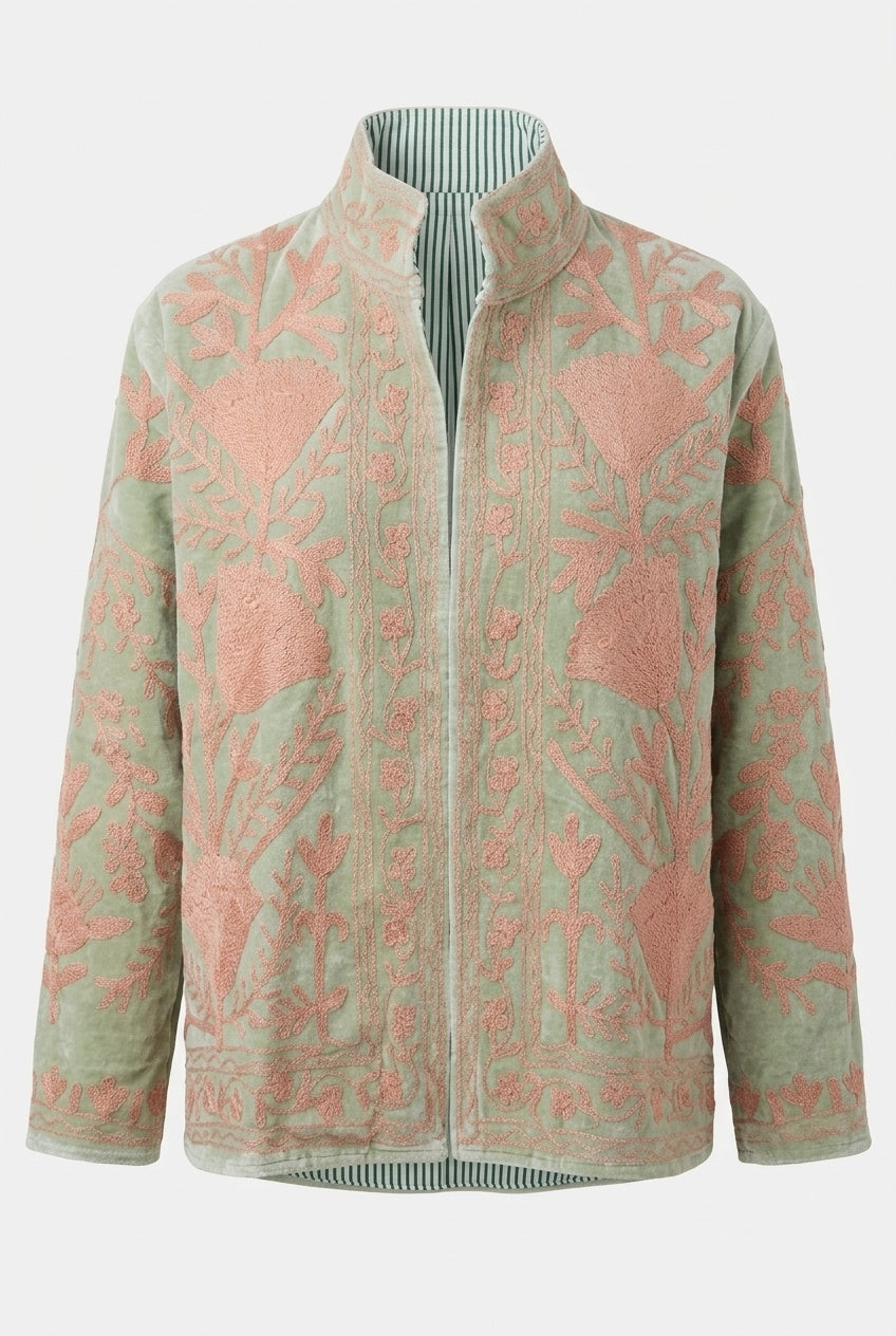 The Nasreen Orchard — Suzani Hand-Embroidered Velvet Jacket — Sage Green with Dusty Rose Florals