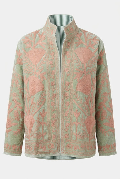 The Nasreen Orchard — Suzani Hand-Embroidered Velvet Jacket — Sage Green with Dusty Rose Florals