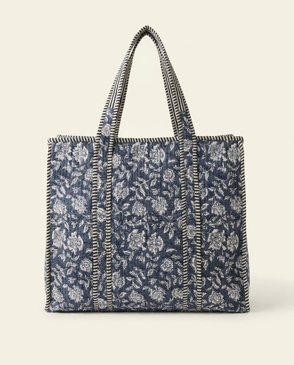 The Indigo Bagru Tote Set — Hand Block-Printed Quilted Cotton — Slate Blue & Ivory Floral