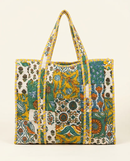 The Anaar Bagh — Hand Block-Printed Quilted Cotton Bag Set — Mustard, Emerald & Rust Florals