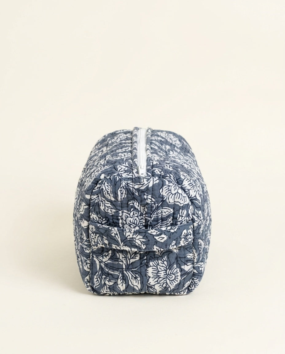 The Indigo Bagru Tote Set — Hand Block-Printed Quilted Cotton — Slate Blue & Ivory Floral