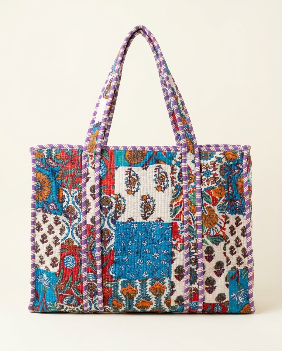 The Rajwada Patchwork — Kantha-Quilted Cotton Tote — Cerulean, Rust & Amethyst