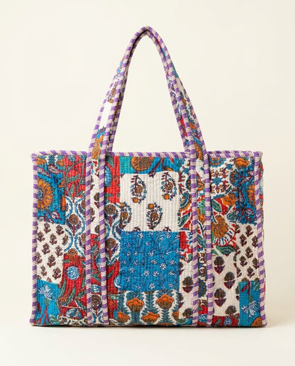 The Rajwada Patchwork — Kantha-Quilted Cotton Tote — Cerulean, Rust & Amethyst