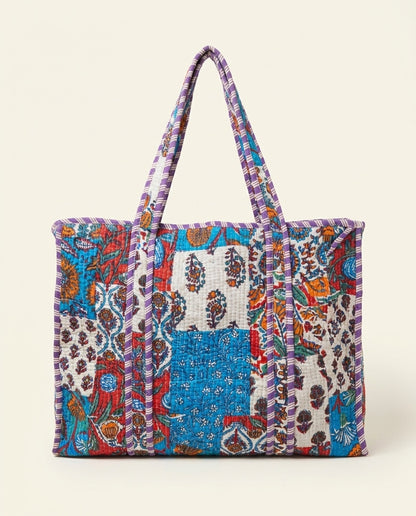 The Sanganeri Bloom — Hand Block-Printed Quilted Cotton Bag Set — Indigo, Marigold & Ruby Patchwork