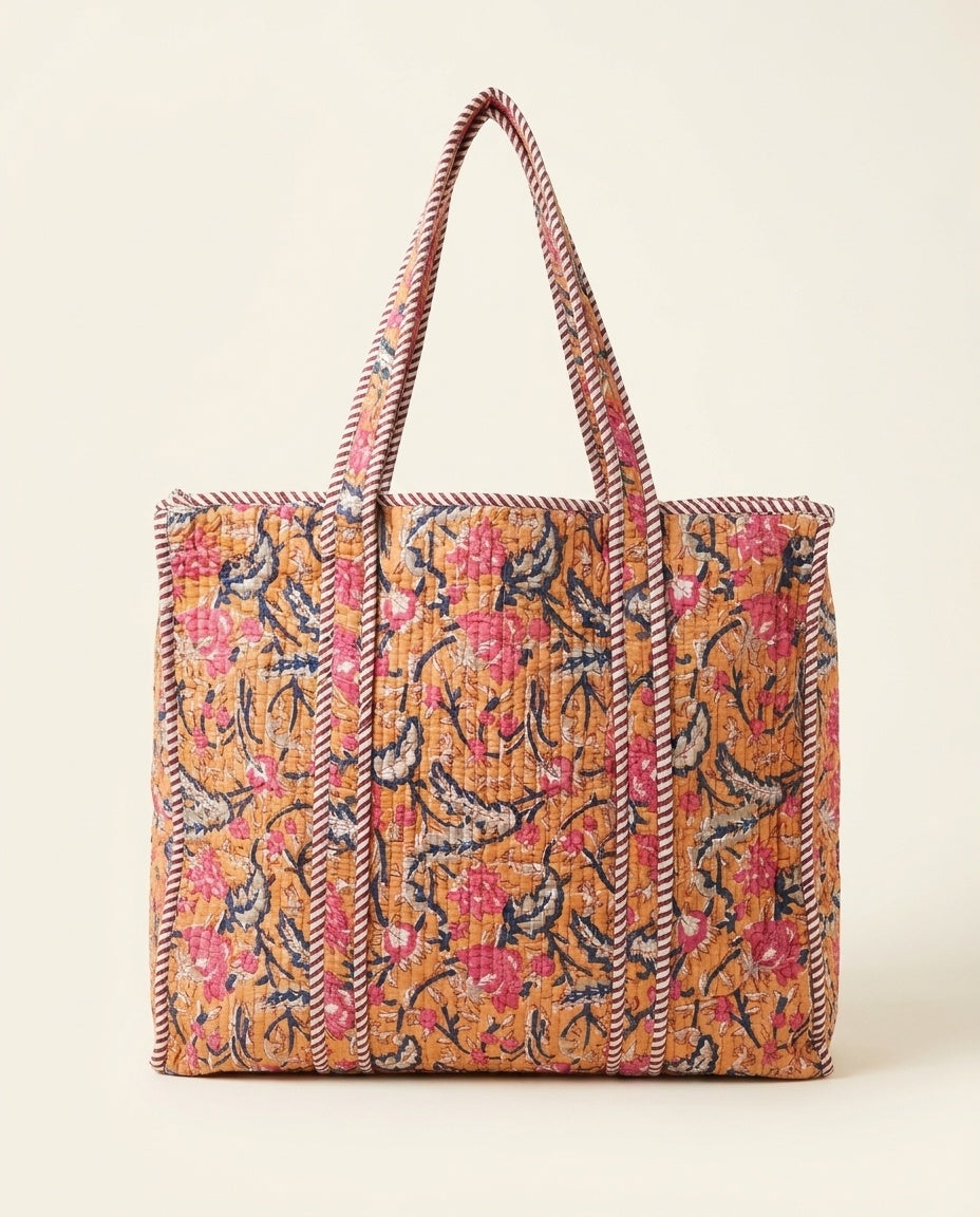 The Marwar Bloom — Kantha-Quilted Cotton Bag Set — Turmeric Yellow & Indigo Floral
