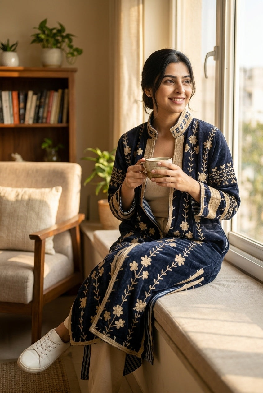 The Midnight Vine — Suzani Hand-Embroidered Velvet Kimono — Navy & Antique Gold