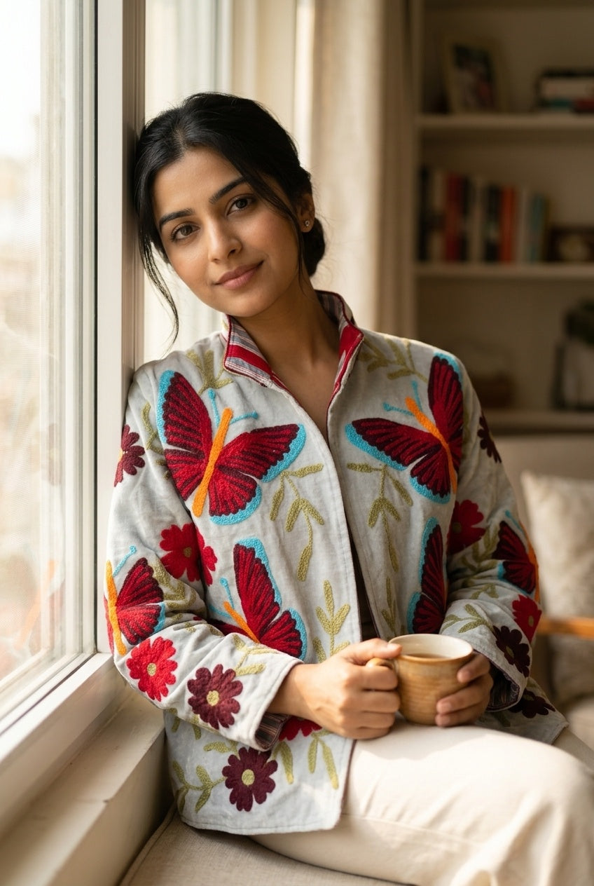 The Titli Chandni — Suzani Hand-Embroidered Velvet Jacket — Ice Grey with Crimson Butterflies & Ruby Florals