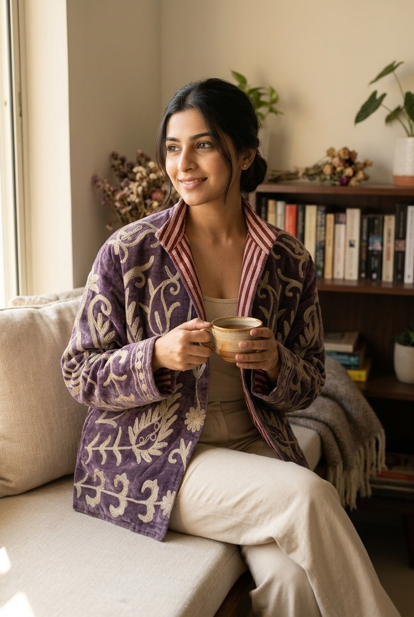 The Samarkand Bloom — Suzani-Embroidered Velvet Jacket — Dusk Mauve with Ivory Vinework