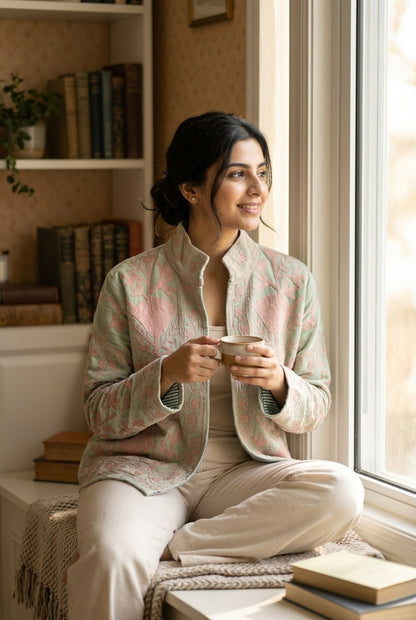 The Nasreen Orchard — Suzani Hand-Embroidered Velvet Jacket — Sage Green with Dusty Rose Florals