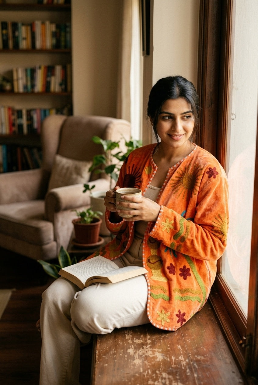 The Desert Oasis — Suzani-Embroidered Velvet Jacket — Sunbaked Orange