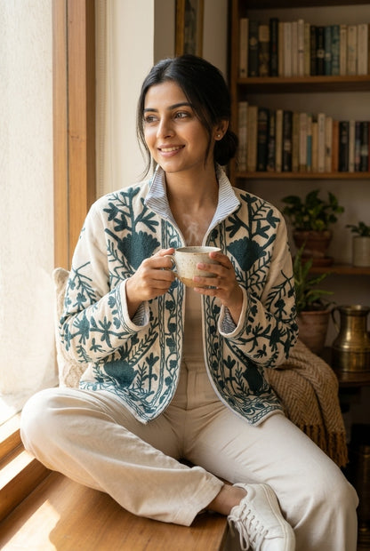 The Zumrud Bagh — Suzani Hand-Embroidered Velvet Jacket — Ivory with Deep Teal Florals