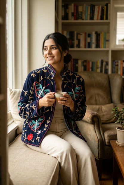 The Titli Bagh — Suzani Hand-Embroidered Velvet Jacket — Midnight Navy with Turquoise Butterflies & Gold Vines