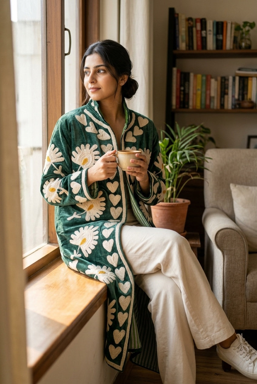 The Daisy Meadow Kimono — Suzani Chainstitch Velvet Jacket — Forest Green with Ivory Daisies