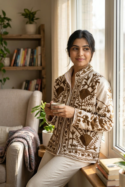 The Zaitoon Bostan — Suzani Hand-Embroidered Velvet Jacket — Ivory with Olive Brown Florals