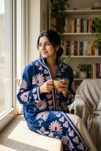 The Indigo Bloomfield — Suzani-Embroidered Velvet Kimono — Midnight Blue with Lilac Florals