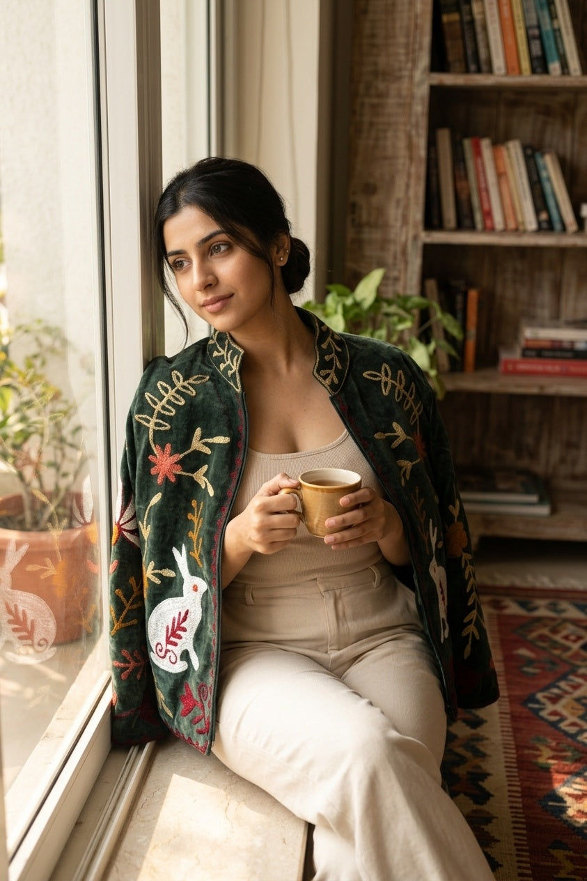 The Moonlit Hare — Suzani Embroidered Velvet Jacket — Forest Green