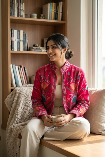 The Rani Reflection — Suzani Hand-Embroidered Velvet Jacket — Rani Pink with Rust, Slate & Olive Florals