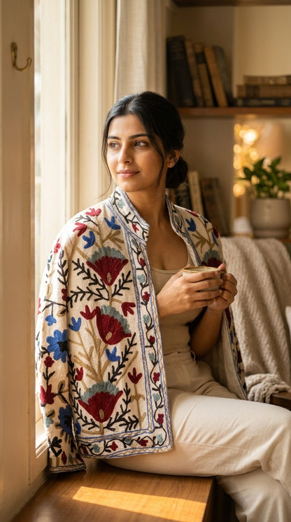 The Bagh-e-Suzani — Hand-Embroidered TNT Cotton Jacket — Ivory with Maroon & Indigo Florals