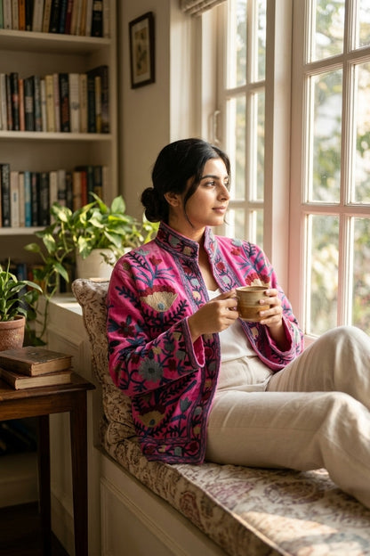 The Zafira — Suzani-Embroidered Velvet Jacket — Fuchsia Pink with Indigo & Marigold Florals