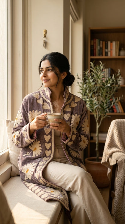 The Dusktide Suzani — Hand-Embroidered Velvet Kimono Jacket — Mauve Taupe with Ivory Daisies