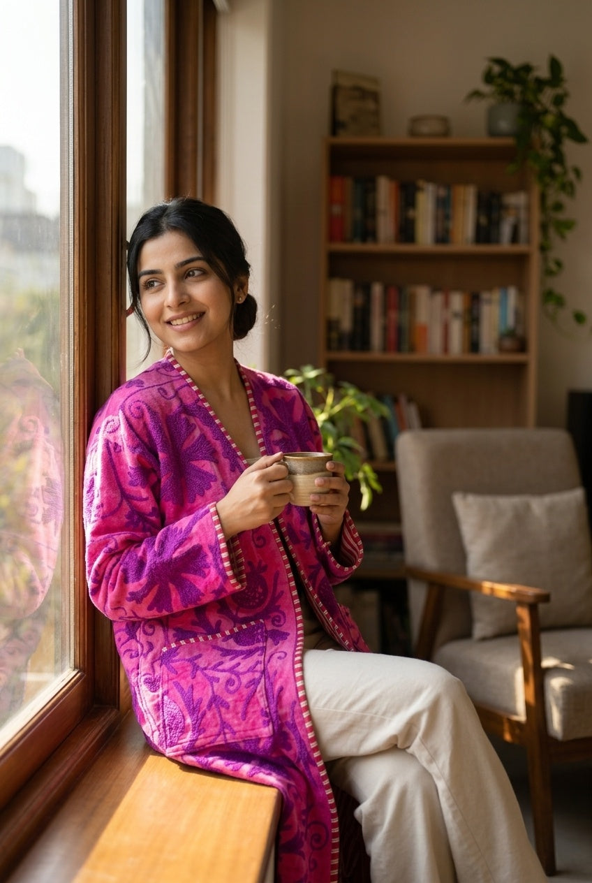 The Anarkali Bloom — Suzani Hand-Embroidered Velvet Kimono — Fuchsia Pink with Violet Pomegranate Motifs
