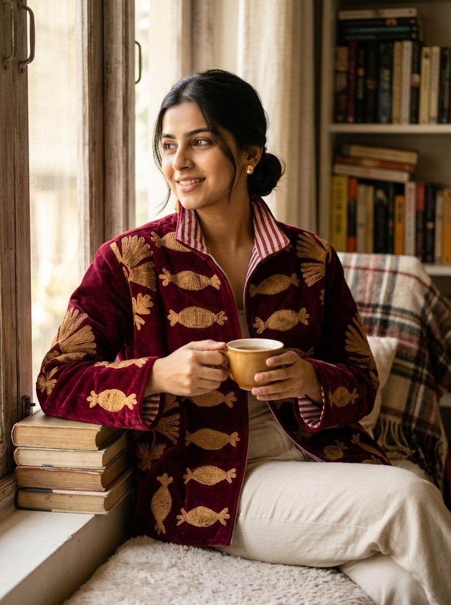 The Machli Bagh — Suzani Hand-Embroidered Velvet Jacket — Deep Maroon with Golden Fish & Palm Motifs