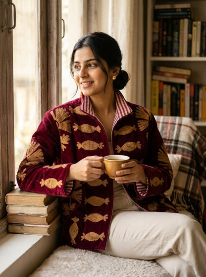 The Machli Bagh — Suzani Hand-Embroidered Velvet Jacket — Deep Maroon with Golden Fish & Palm Motifs