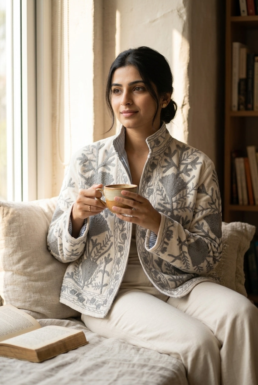 The Kashida Snowfield — Suzani Hand-Embroidered Velvet Jacket — Ivory with Dove Grey Florals