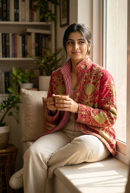 The Anarkali Vine — Suzani Hand-Embroidered Velvet Jacket — Rani Pink with Olive Gold Pomegranates