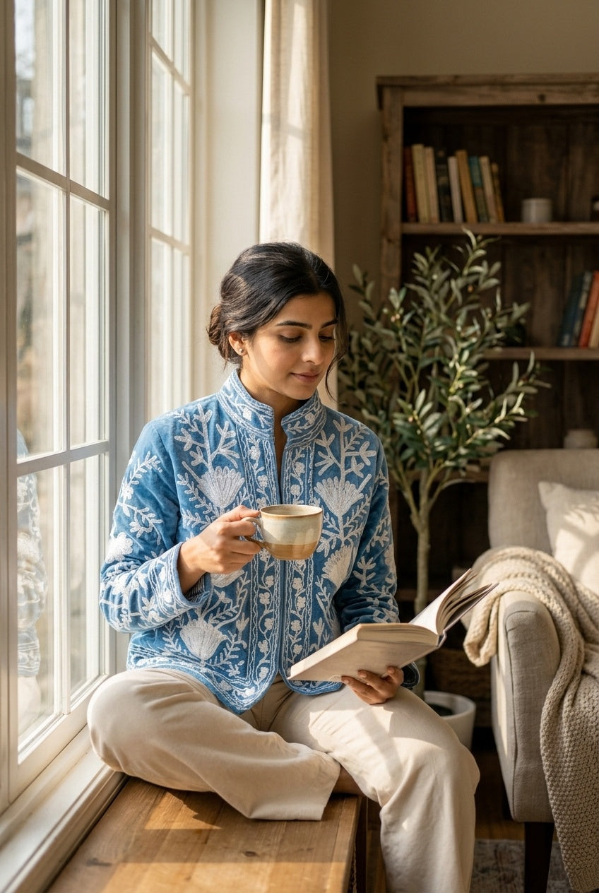 The Snowvine Thicket — Suzani Hand-Embroidered Velvet Jacket — Denim Blue with Ivory Floral Vinework