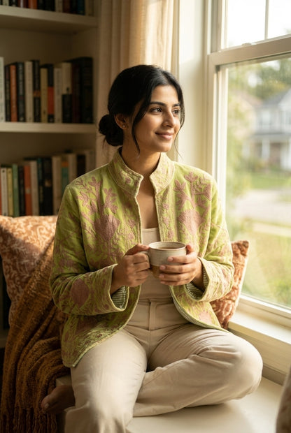 The Pista Bostan — Suzani Hand-Embroidered Velvet Jacket — Pistachio Green with Dusty Rose Florals