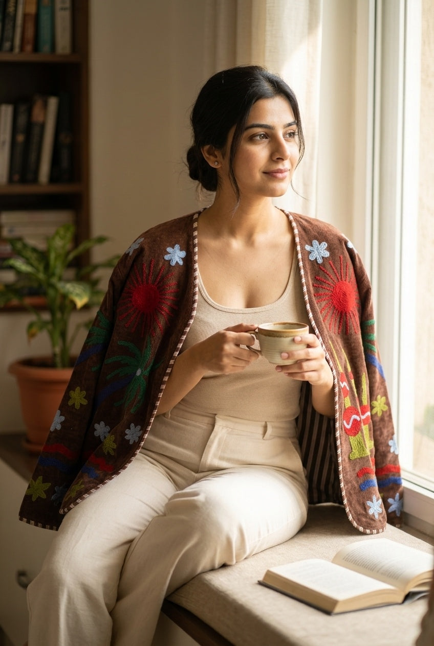 The Desert Sun Wrap — Suzani-Embroidered Velvet Jacket — Espresso Brown