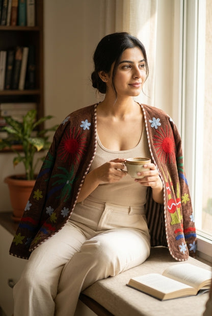 The Desert Sun Wrap — Suzani-Embroidered Velvet Jacket — Espresso Brown