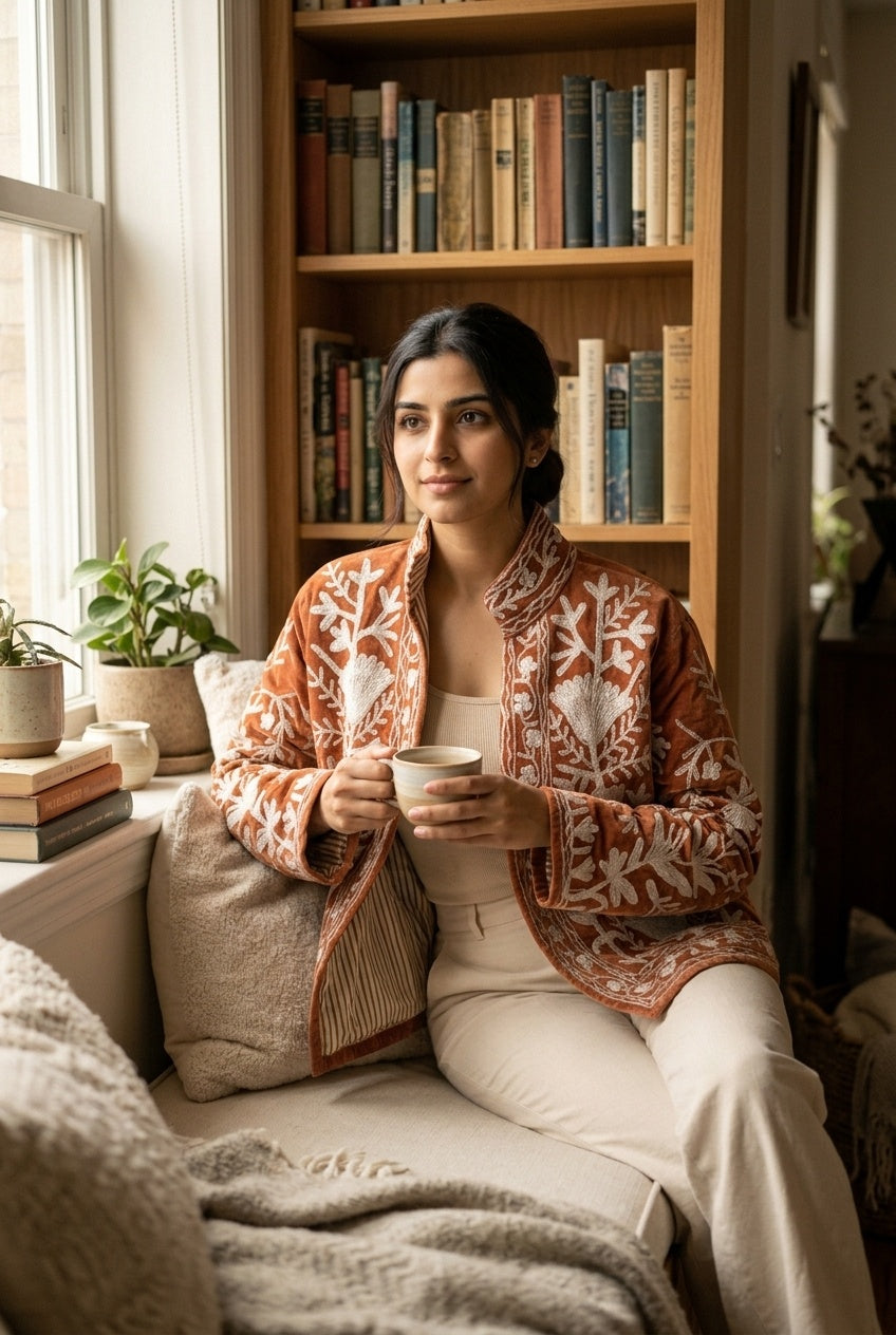 The Rustan Tulip — Suzani Hand-Embroidered Velvet Jacket — Rust Brown with Ivory Floral Vinework