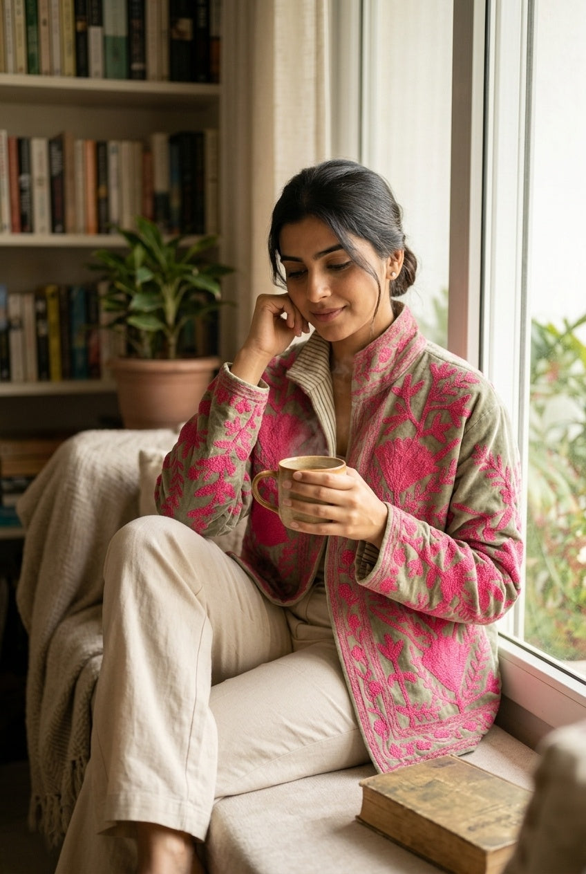 The Sagewood Bloom — Suzani Hand-Embroidered Velvet Jacket — Sage Green with Rani Pink Florals