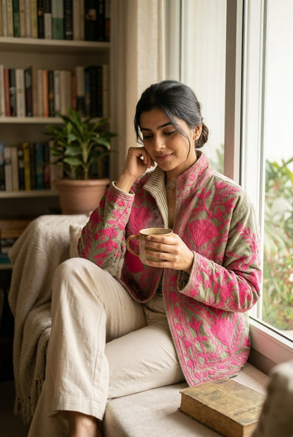 The Sagewood Bloom — Suzani Hand-Embroidered Velvet Jacket — Sage Green with Rani Pink Florals