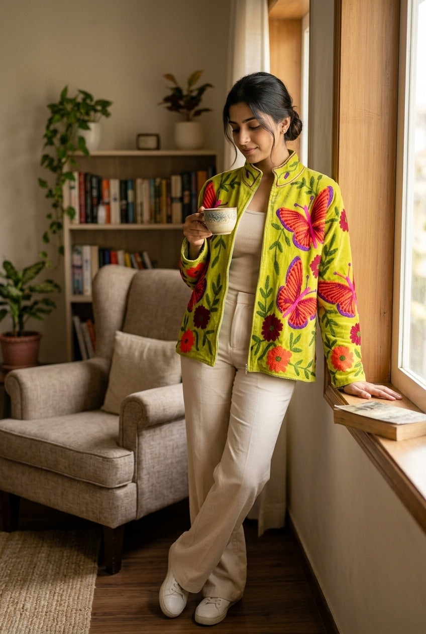 The Titli Chaman — Suzani Hand-Embroidered Velvet Jacket — Chartreuse Green with Crimson Butterflies & Garnet Florals
