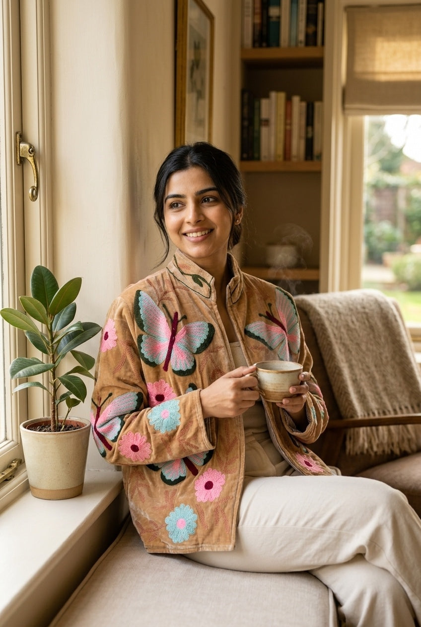 The Parwana Bostan — Suzani Hand-Embroidered Velvet Jacket — Camel Gold with Pink, Turquoise & Maroon Butterflies