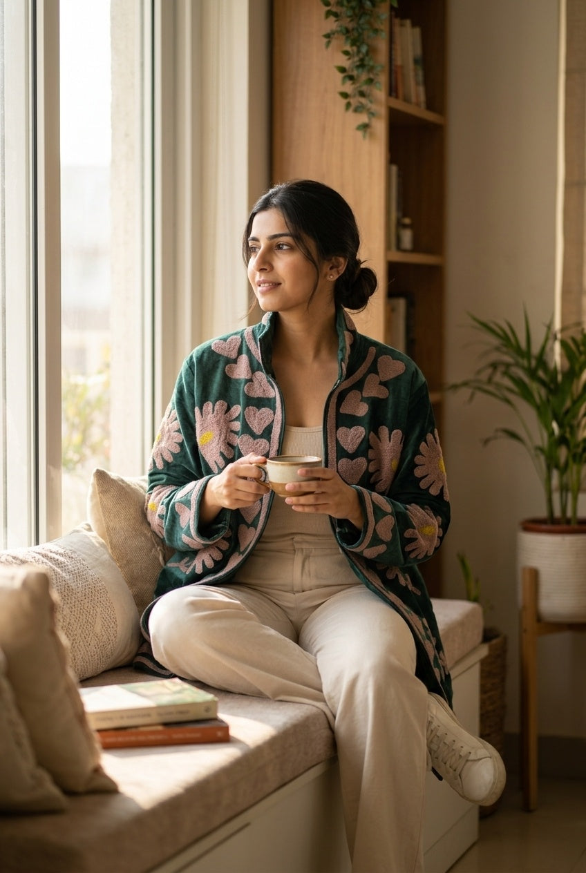 The Gulnar Kimono — Suzani Hand-Embroidered Velvet Jacket — Emerald Green with Dusty Rose Florals